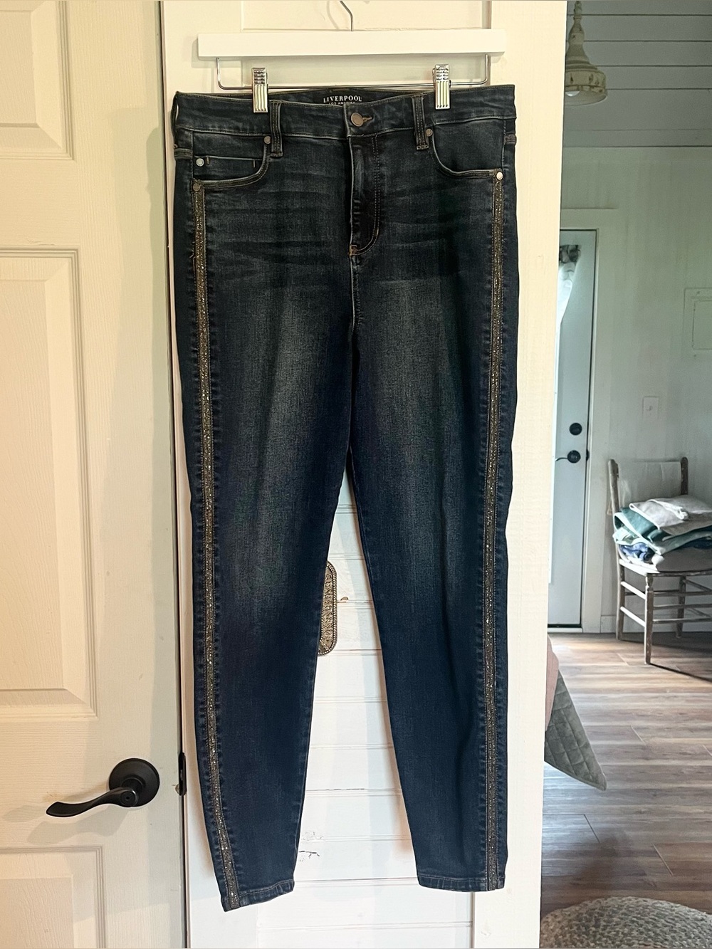 Liverpool Women's Skinny Jeans in Dark Blue with Metallic Side Stripe
